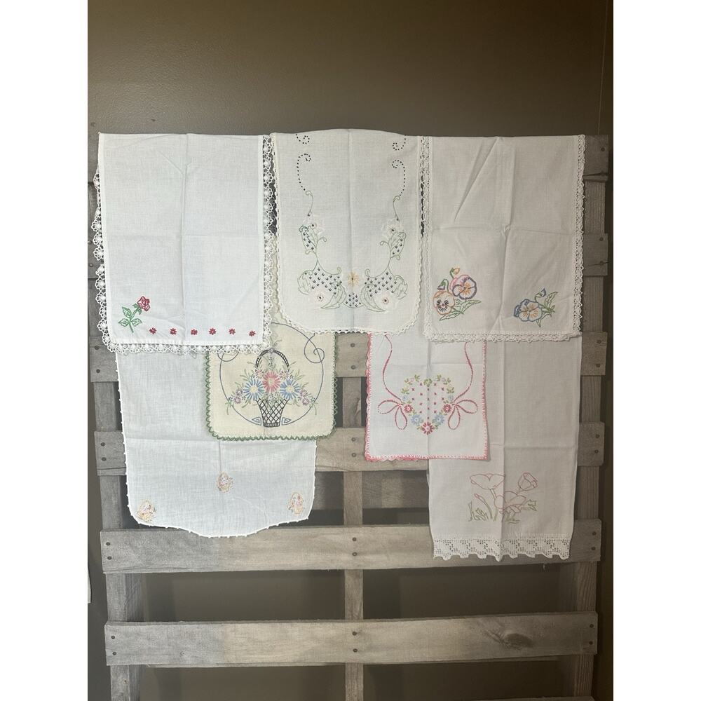 Vintage Embroidered Dresser Scarves Bundle Of 7 Floral